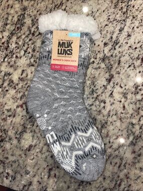 Muk Luks Gray & White Women’s Cabin Socks with Sherpa Cuff